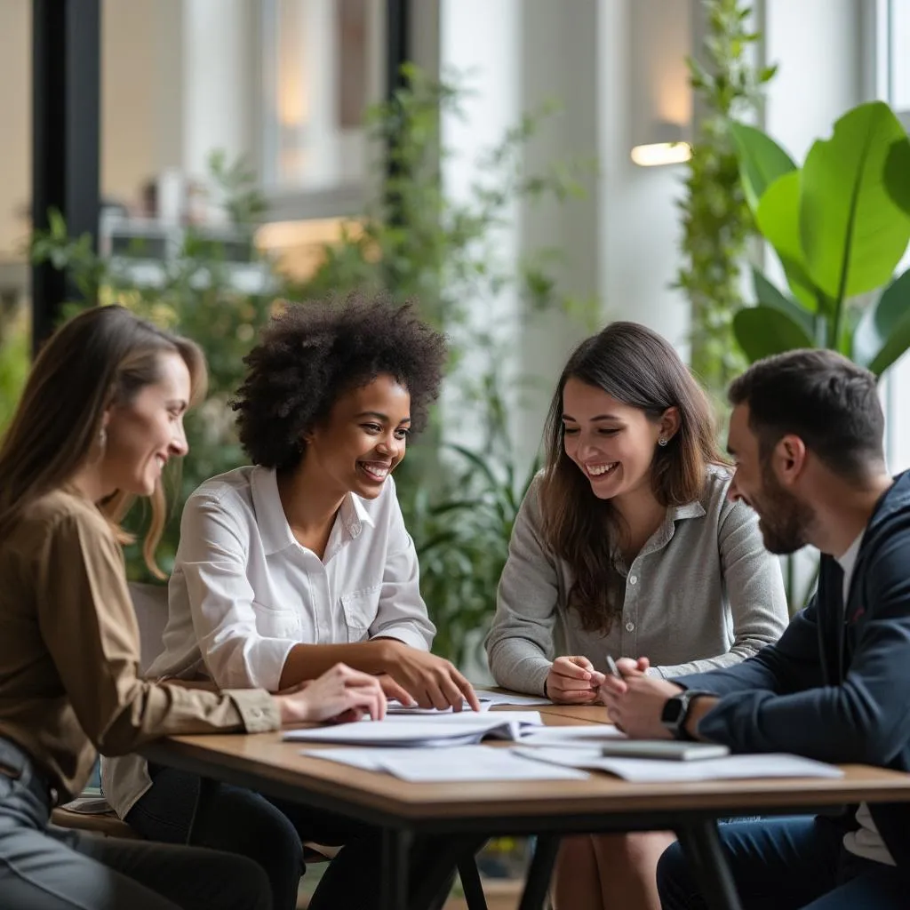 Equipo de trabajo colaborando en una oficina moderna